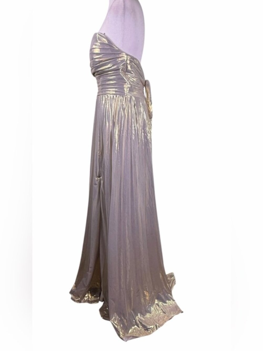 Metallic Champagne Gold Strapless Corset Formal Gown High Slit Size 14 - Picture 8 of 10